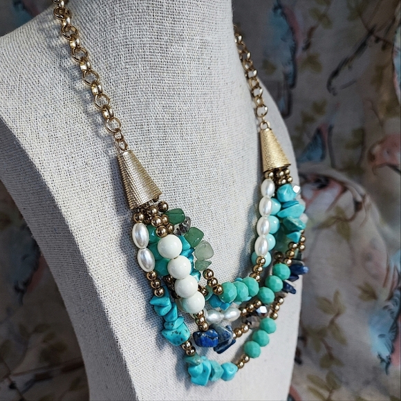 Turquoise Color Faux Pearl Beaded Sodalite Stone Multi Strand Gold Tone Necklace - Picture 3 of 12